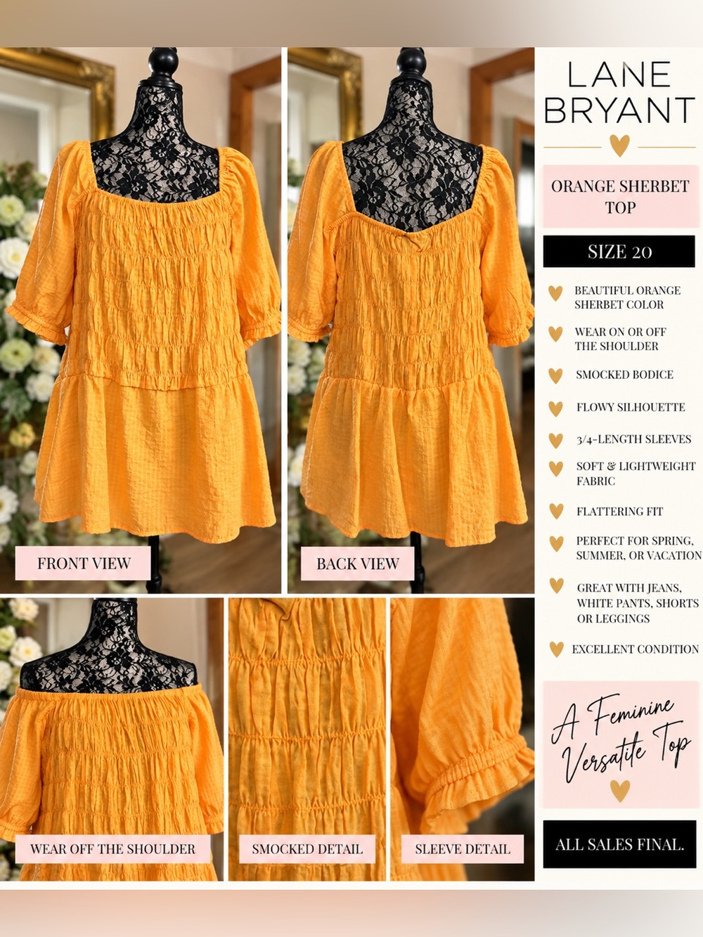 🍊 Lane Bryant Orange Sherbet Smocked Top Size 20